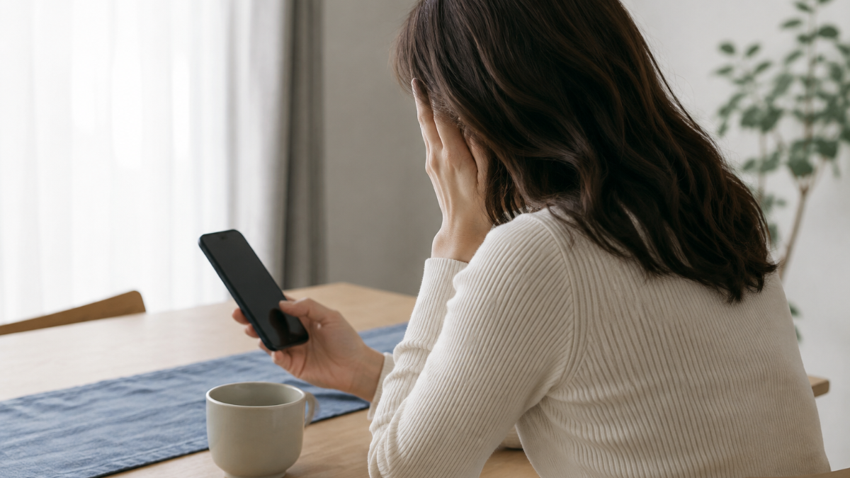 スマホを持ったまま呆然と座り込む人物